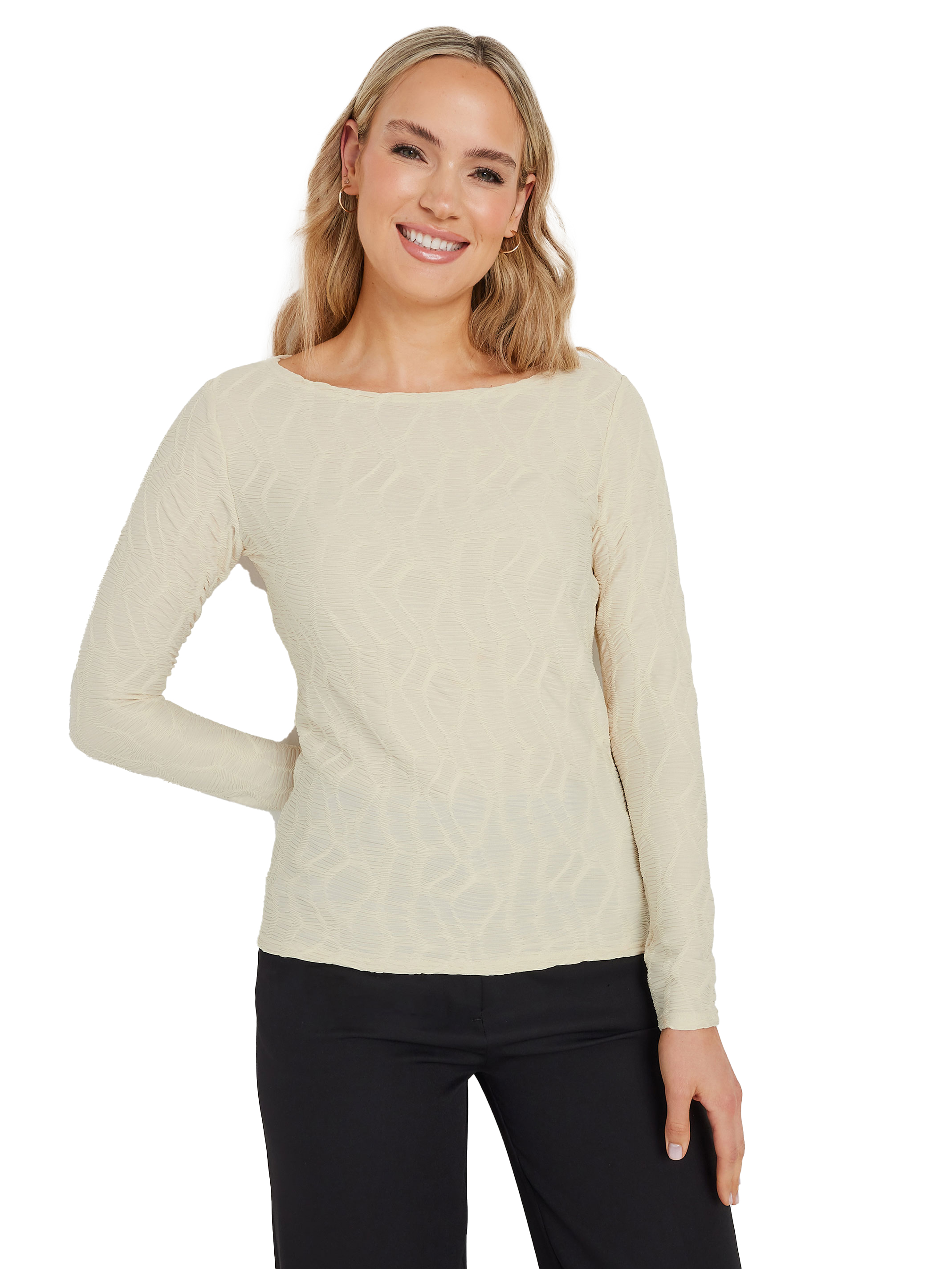 LTS Tall Ivory White Textured Slash Neck Long Sleeve Top | Long Tall Sally 7